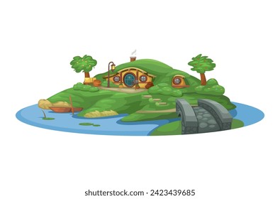 New Zealand Unique Hobbit House Under Hill Illustration Vector