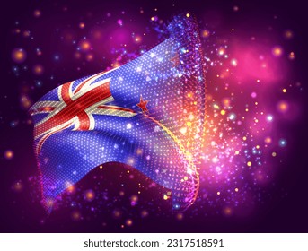 new Zealand, vector 3d flag on pink purple background with lighting and flares