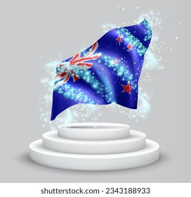 new Zealand, vector 3d flag on the podium surrounded by a whirlwind of magical radiance