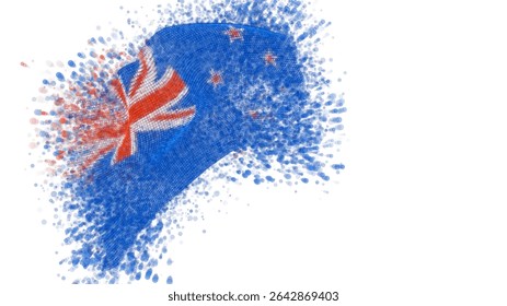 New Zealand, vector 3d flag with a splash of paint dots, explosion of colored dots