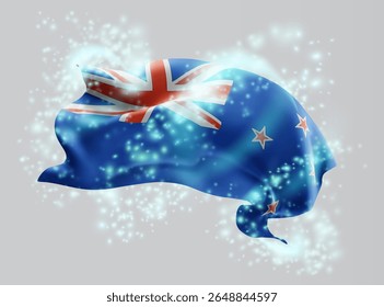 New Zealand, vector 3d flag in whirlwind of magical radiance
