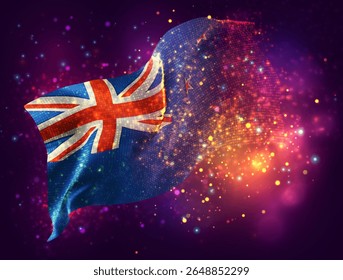 New Zealand, vector 3d flag with a splash of paint dots, explosion of colored dots