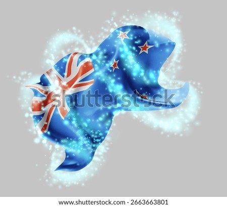 New Zealand, vector 3d flag in whirlwind of magical radiance
