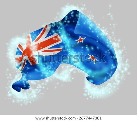 New Zealand, vector 3d flag in whirlwind of magical radiance