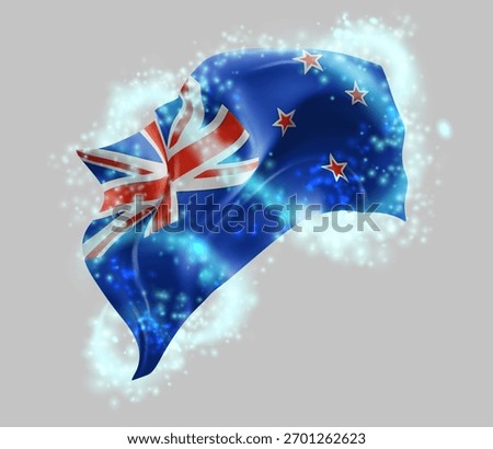 New Zealand, vector 3d flag in whirlwind of magical radiance
