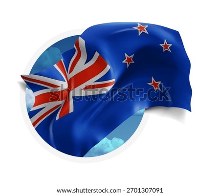 New Zealand, vector 3d flag against a blue sky, through a round hole on a white background
