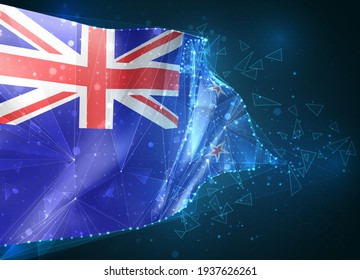 nueva Zelanda, bandera vectorial, objeto 3D virtual abstracto de polígonos triangulares sobre fondo azul