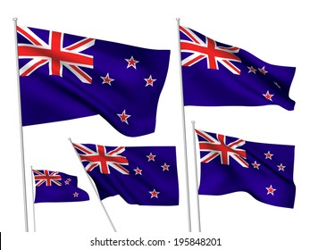 New Zealand vector flags set. 5 wavy 3D cloth pennants fluttering on the wind. EPS 8 created using gradient meshes isolated on white background. Five flagstaff design elements from world collection