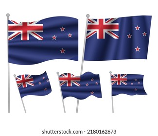 New Zealand vector flags set. 5 wavy 3D cloth pennants fluttering on the wind. EPS 10 created using gradient meshes isolated on white background. Five flagstaff design elements from world collection
