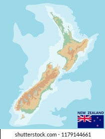 New Zealand. Vector geographic map of the New Zealand. Large detailed topographic map with  contours, rivers, lakes, mountains.  Physical map with national flag.