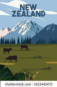 New Zealand Vector Illustration Background. World Traveling And Journey At New Zealand Country. Flat Cartoon Vector Illustration In Colored Style.