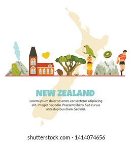 New Zealand vector poster with symbols and landmarks. Suitable for travel prospects, posters, tour guides, marketing prints