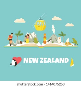 New Zealand vector poster with symbols and landmarks. Suitable for travel prospects, posters, tour guides, marketing prints