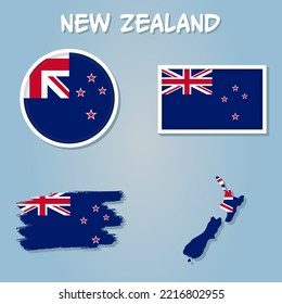 New Zealand vector set. Detailed country shape with region borders, flags and icons isolated.