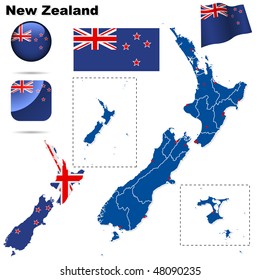 New Zealand vector set. Detailed country shape with region borders, flags and icons isolated on white background.
