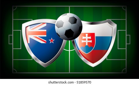New zealand versus Slovakia abstract vector illustration isolated on white background. Soccer match in South Africa 2010. Shiny football shield of flag New zealand versus Slovakia