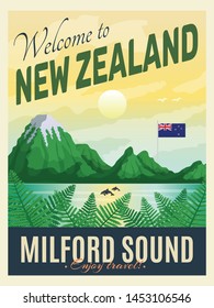 New zealand vertical poster with editable vintage style text and view of milford sound fiord landmark vector illustration