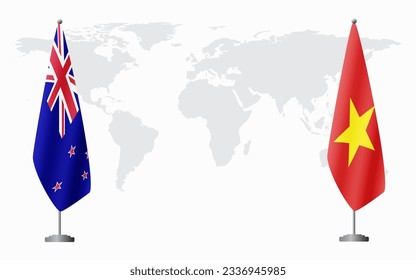 New Zealand and Vietnam flags for official meeting against background of world map.