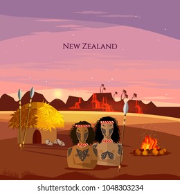 New Zealand. Village of aboriginals Maori of New Zealand. People of Maori, tradition and culture. Mountains and beach landscape, natives 