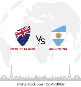New Zealand vs Argentina  Badge in flag design on France skyline background for any sports tournament, this vector for sports match template or banner in vector illustration. Fully editable EPS.