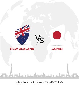 New Zealand vs Japan Badge in flag design on France skyline background for any sports tournament, this vector for sports match template or banner in vector illustration. Fully editable EPS.