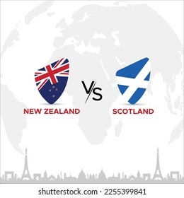 New Zealand vs Scotland Badge in flag design on France skyline background for a sports tournament, this vector for sports match template or banner in vector illustration. Fully editable EPS.