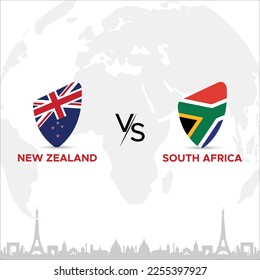 New Zealand vs South Africa Badge in flag design on France skyline background for a sports tournament, this vector for sports match template or banner in vector illustration. Fully editable EPS.