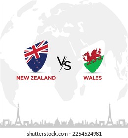 New Zealand vs Wales Badge in flag design on France skyline background for a sports tournament, this vector for sports match template or banner in vector illustration. Fully editable EPS.