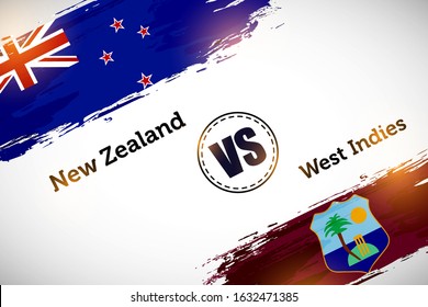 New Zealand vs West Indies match concept poster design with countries brush flags. Abstract cricket match banner of New Zealand vs West Indies. Modern background with brush flags.