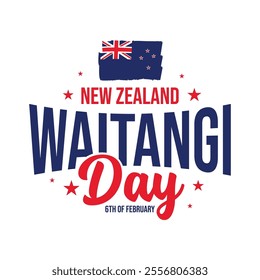 New Zealand Waitangi Day banner, poster, flyer, greeting card to celebrate on 6th February. Waitangi day typography with New Zealand  flag and stars on white background. Red and blue text vector.