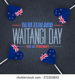 New Zealand Waitangi Day Concept Background, Heart Style Flag Design