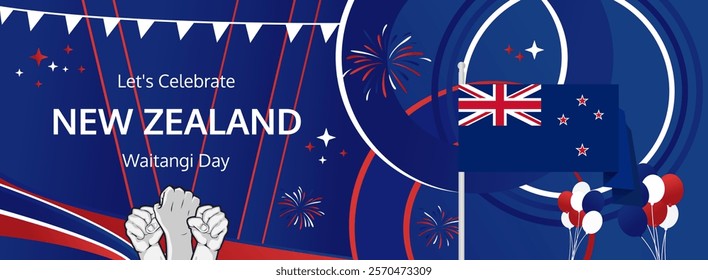 New Zealand Waitangi Day greeting banner. 6th February Happy New Zealand National Day. Holidays illustration concept. Great for event like carnival, feast poster, support, culture and tourism