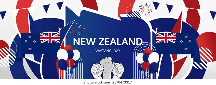 New Zealand Waitangi Day greeting banner. 6th February Happy New Zealand National Day. Holidays illustration concept. Great for event like carnival, feast poster, support, culture and tourism