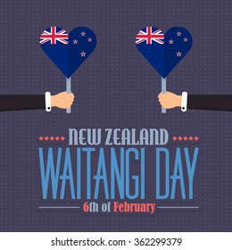 New Zealand Waitangi Day Theme, National Celebration Card, Hands hold Heart Style Flags, Flat Background, Badges Vector Design