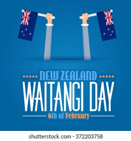 New Zealand Waitangi Day Theme, National Celebration Card, Hands Hold Flags Flat Blue Colors Background