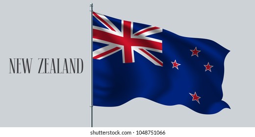 New Zealand waving flag on flagpole vector illustration. Red blue  element of Kiwi wavy realistic flag as a symbol of country 