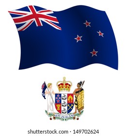 new zealand wavy flag and coat of arms against white background, vector art illustration, image contains transparency