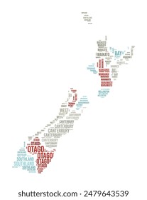 New Zealand Word Cloud. Country shape with region division. New Zealand typography style image. Region names tag clouds. Vector illustration.