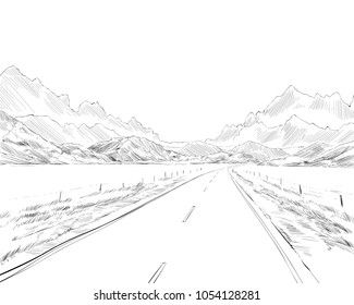 New Zealand.Road among the mountains. Beautiful landscape. Hand drawn vector illustration.