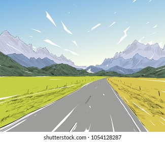 New Zealand.Road among the mountains. Beautiful landscape. Hand drawn vector illustration.