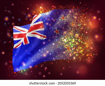 new Zealand,vector 3d flag on pink purple background with lighting and flares