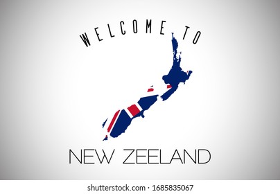 New Zeeland Welcome to Text and Country flag inside Country Border Map. New Zeeland map with national flag Vector Design Illustration.