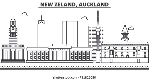 New Zeland, Auckland architecture line skyline illustration. Linear vector cityscape with famous landmarks, city sights, design icons. Landscape wtih editable strokes