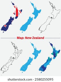 New Zeland Map. borders marked, Simple map of New Zeland vector drawing, Filled and outline. flag map.