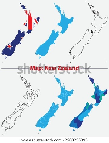 New Zeland Map. borders marked, Simple map of New Zeland vector drawing, Filled and outline. flag map.