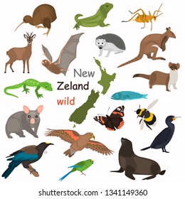 New Zeland wild animals color flat icons set for web and mobile design