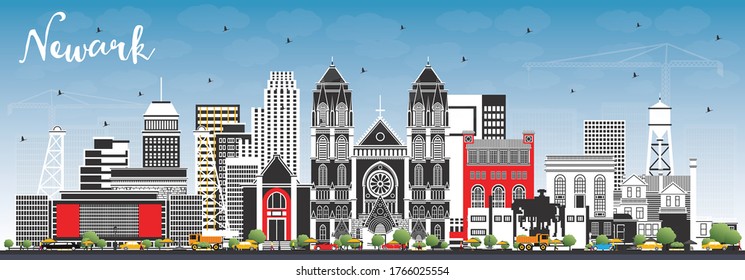 Newark New Jersey City Skyline with Color Buildings and Blue Sky. Vector Illustration. Newark Cityscape with Landmarks. Business Travel and Tourism Concept with Modern Architecture.