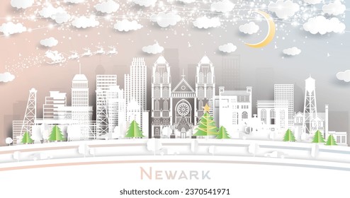 Newark New Jersey. Winter City Skyline in Paper Cut Style with Snowflakes, Moon and Neon Garland. Christmas and New Year Concept. Santa Claus on Sleigh. Newark Cityscape with Landmarks.