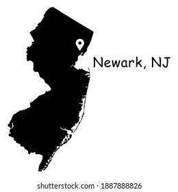 Newark on New Jersey State Map. Detailed NJ State Map with Location Pin on Newark City. Black silhouette vector map isolated on white background.