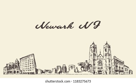 Newark skyline, New Jersey, USA, hand drawn vector illustration, sketch